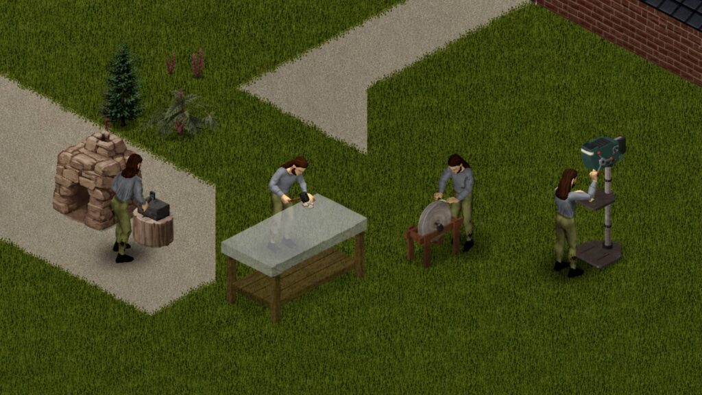 Mehrere Spielfiguren arbeiten in Project Zomboid an verschiedenen Handwerksstationen, darunter Schmiede, Werkbank, Schleifstein und Bohrmaschine.
