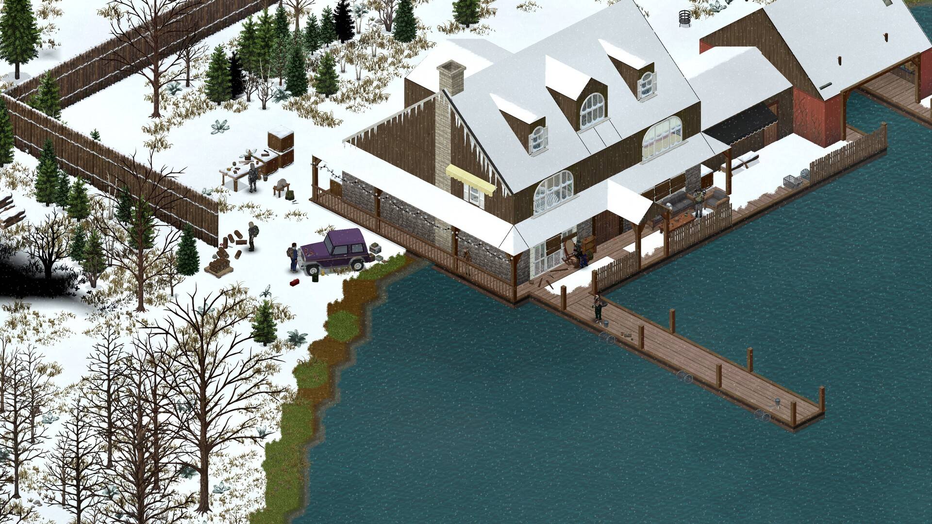 Verschneites Anwesen am See in Project Zomboid mit großem Wohnhaus, Steg, Fahrzeug und mehreren Überlebenden.