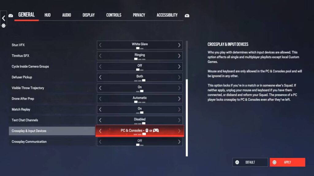 Crossplay- und Eingabegeräte-Einstellung für Maus und Tastatur in Rainbow Six Siege