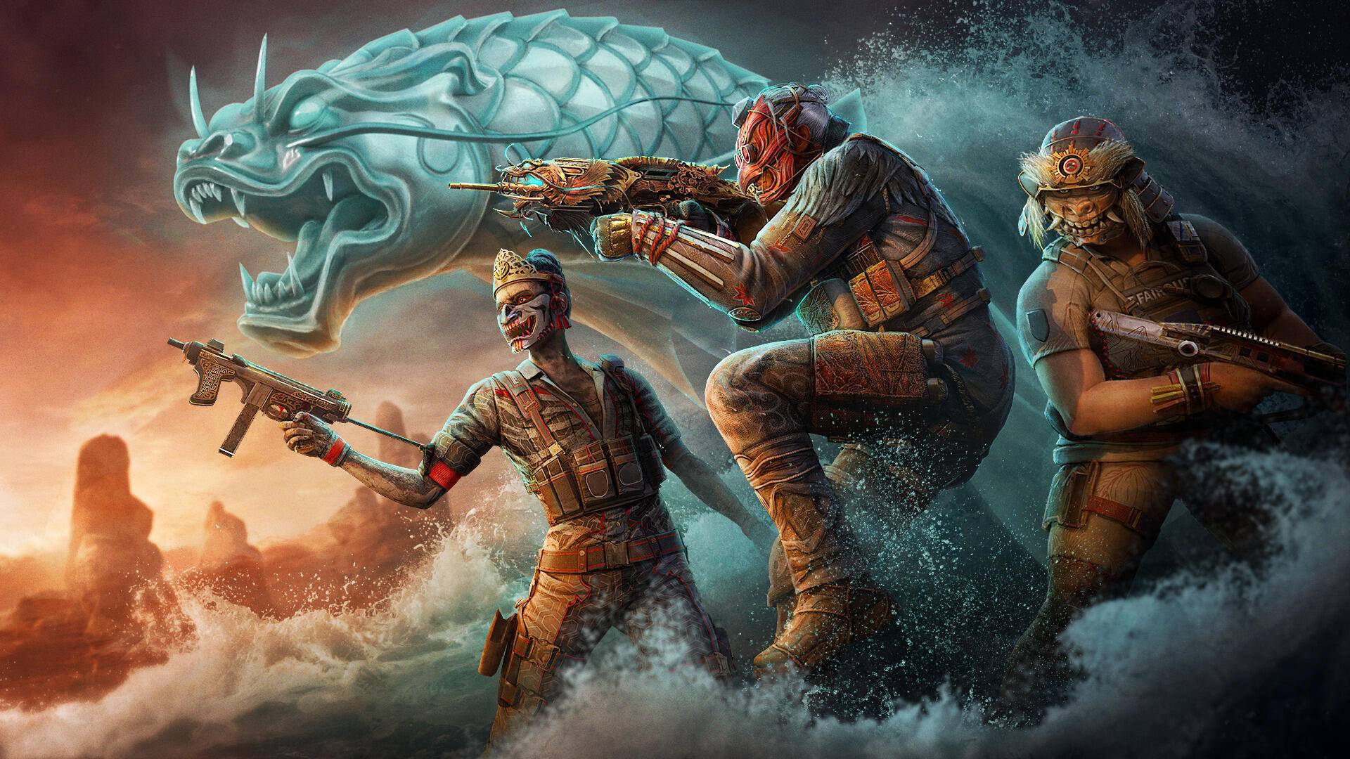 Drei maskierte Operator kämpfen im Rengoku-Event von Rainbow Six Siege vor einem riesigen Drachengeist in aufgewühltem Wasser.