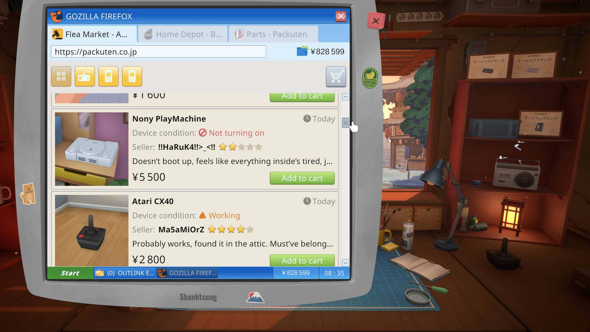 Der Gozilla-Fairfox-Browser in ReStory zeigt einen Online-Marktplatz mit gebrauchten Konsolen, Controllern und Preisen in Yen.