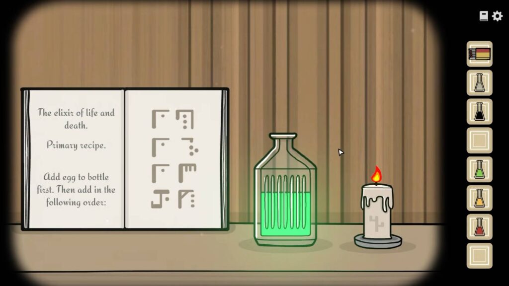 Servant of the Lake Alchemie Rätsel mit Rezeptbuch, grüner Flasche und Kerze