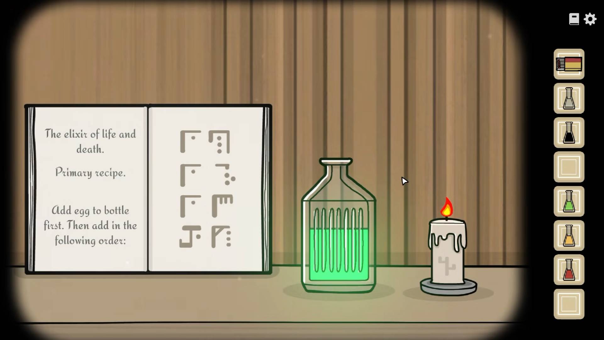 Servant of the Lake Alchemie Rätsel mit Rezeptbuch, grüner Flasche und Kerze