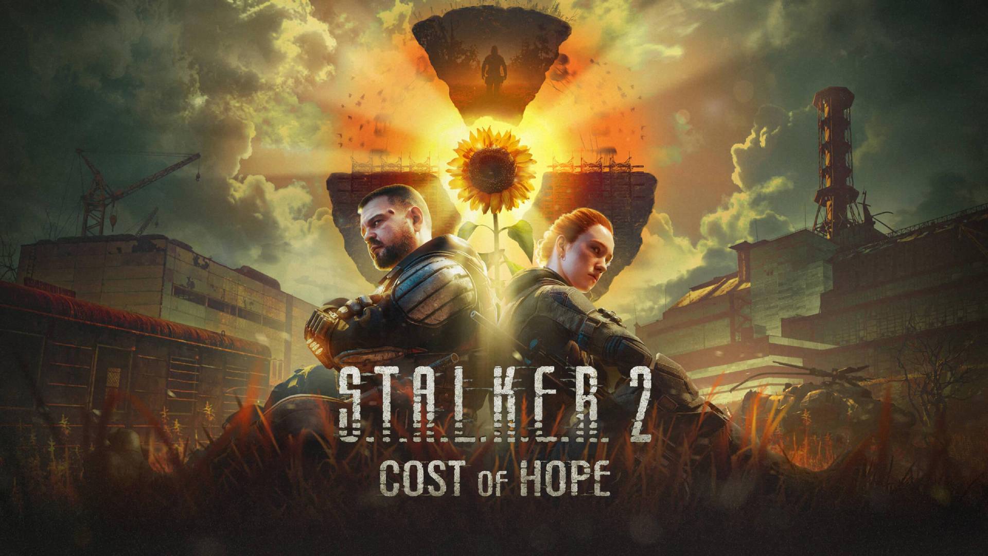 Stalker 2 Cost of Hope zwei Stalker vor einer Sonnenblume und schwebenden Felsinseln