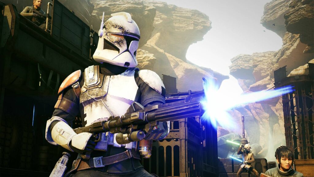 Star Wars Zero Company Klonsoldat feuert im Kampf mit schwerem Blaster