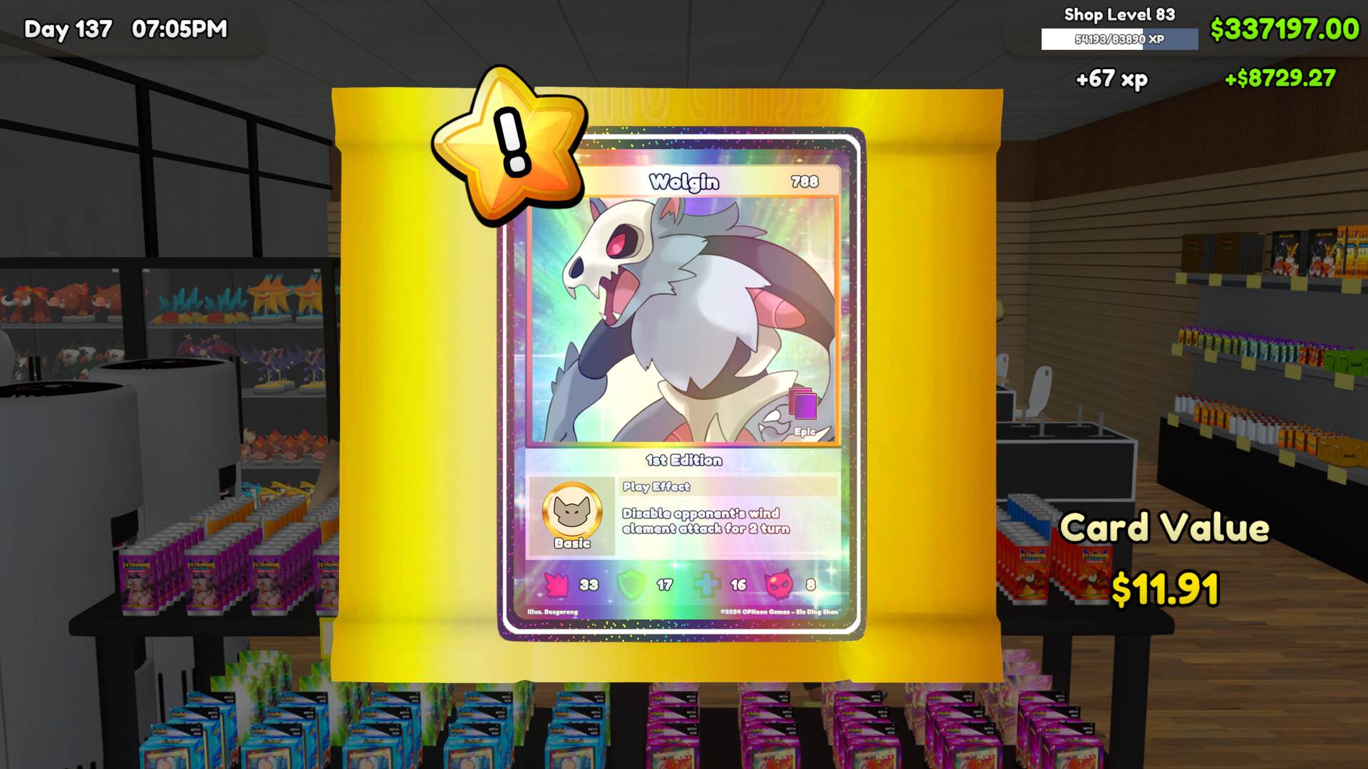 TCG Card Shop Simulator seltene Walgim Karte aus einem Boosterpack mit eingeblendetem Kartenwert