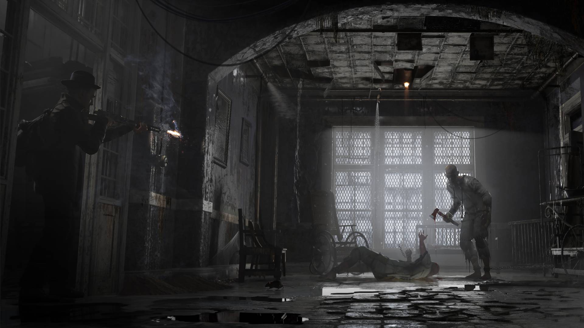 The Sinking City 2 mit Krankenhausflur und Gegnern im Akeley Memorial Hospital