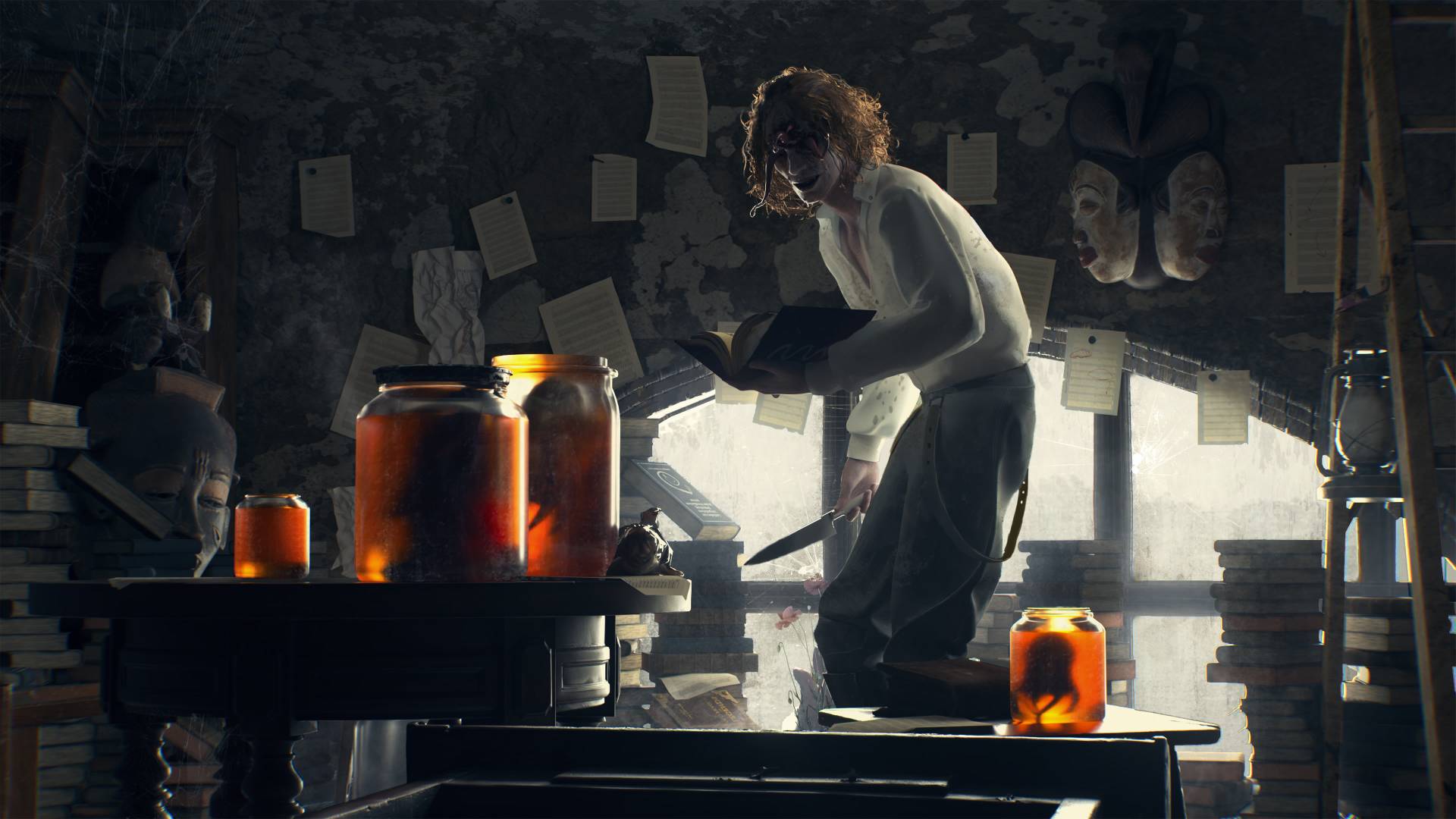 The Sinking City 2 mit einer Person zwischen Vorräten und Gläsern