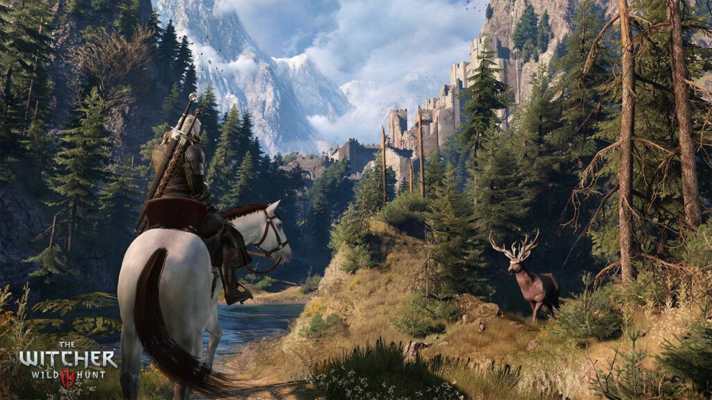 The Witcher 3 Geralt reitet durch einen Wald vor einer Festung