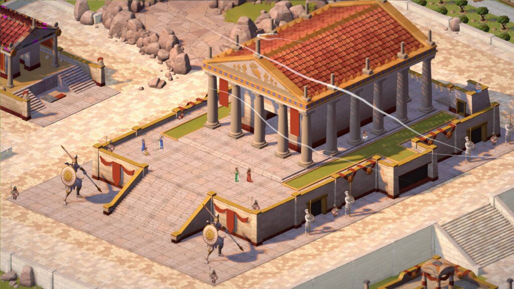 Theos: Cities of Myth – antike Stadtanlage mit Tempel, Säulen und bewaffneten Wachen