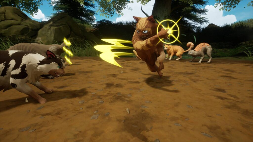 Mehrere Katzen kämpfen in Warrior Cats: Clans of the Forest auf einer Waldlichtung, während eine Katze einen leuchtenden Angriff ausführt.