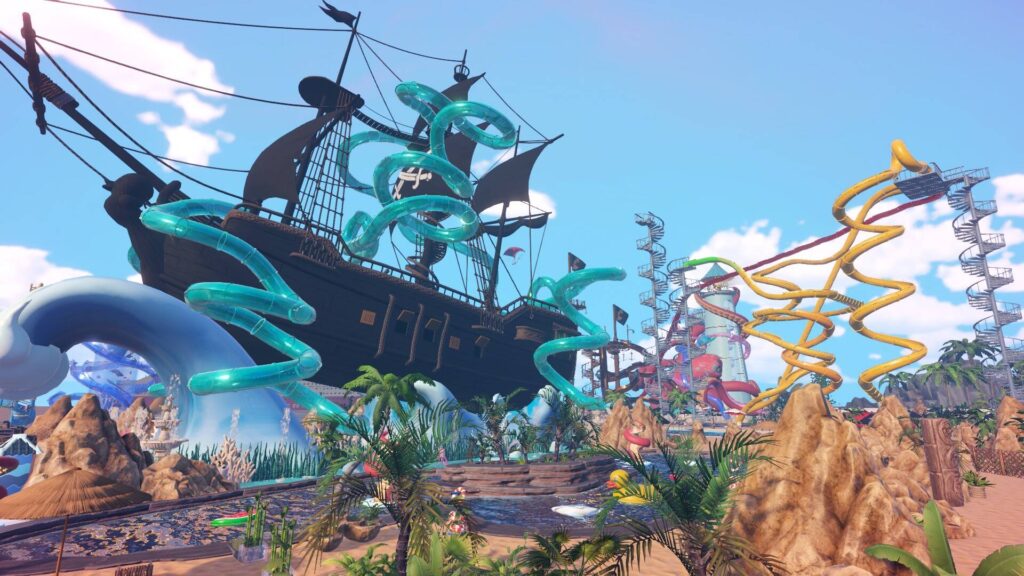 Bunter Wasserpark in Waterpark Simulator mit riesigem Piratenschiff, zahlreichen Röhrenrutschen und tropischer Landschaft.