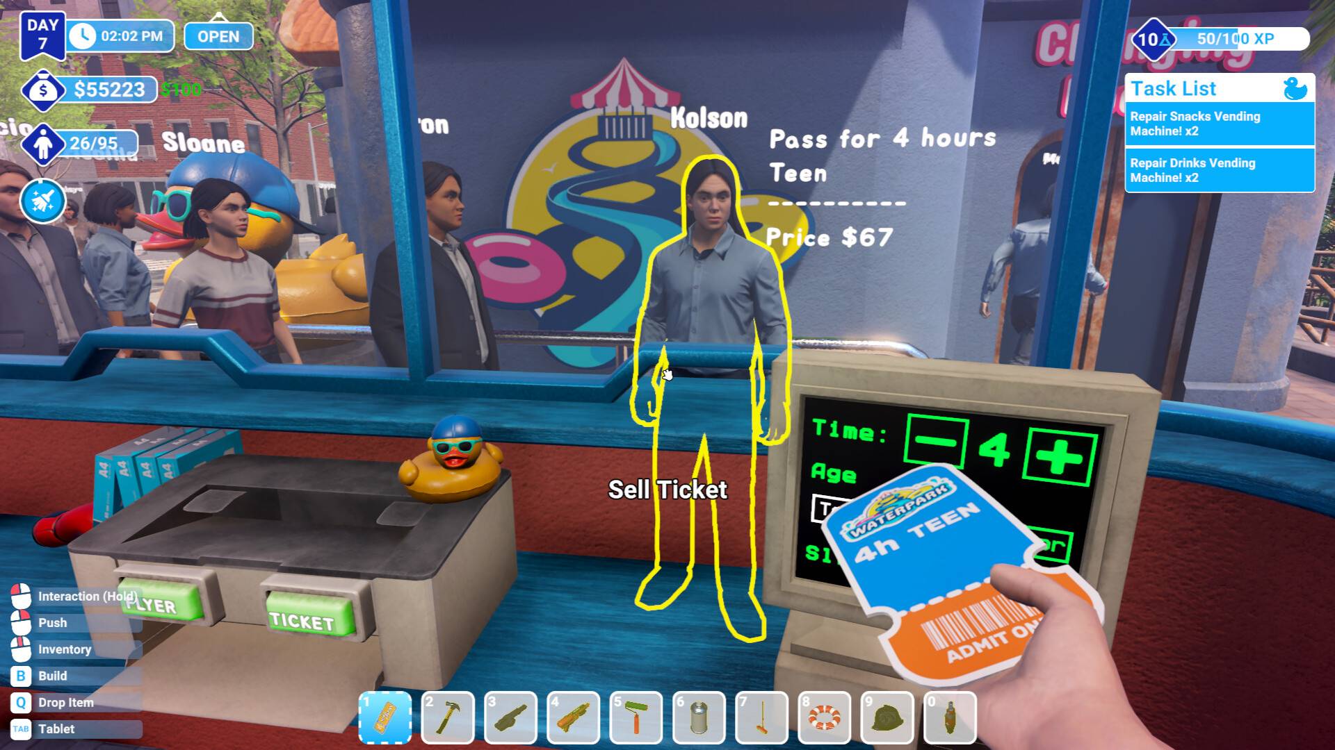 Spieler verkauft Eintrittskarten an einer Warteschlange in Waterpark Simulator