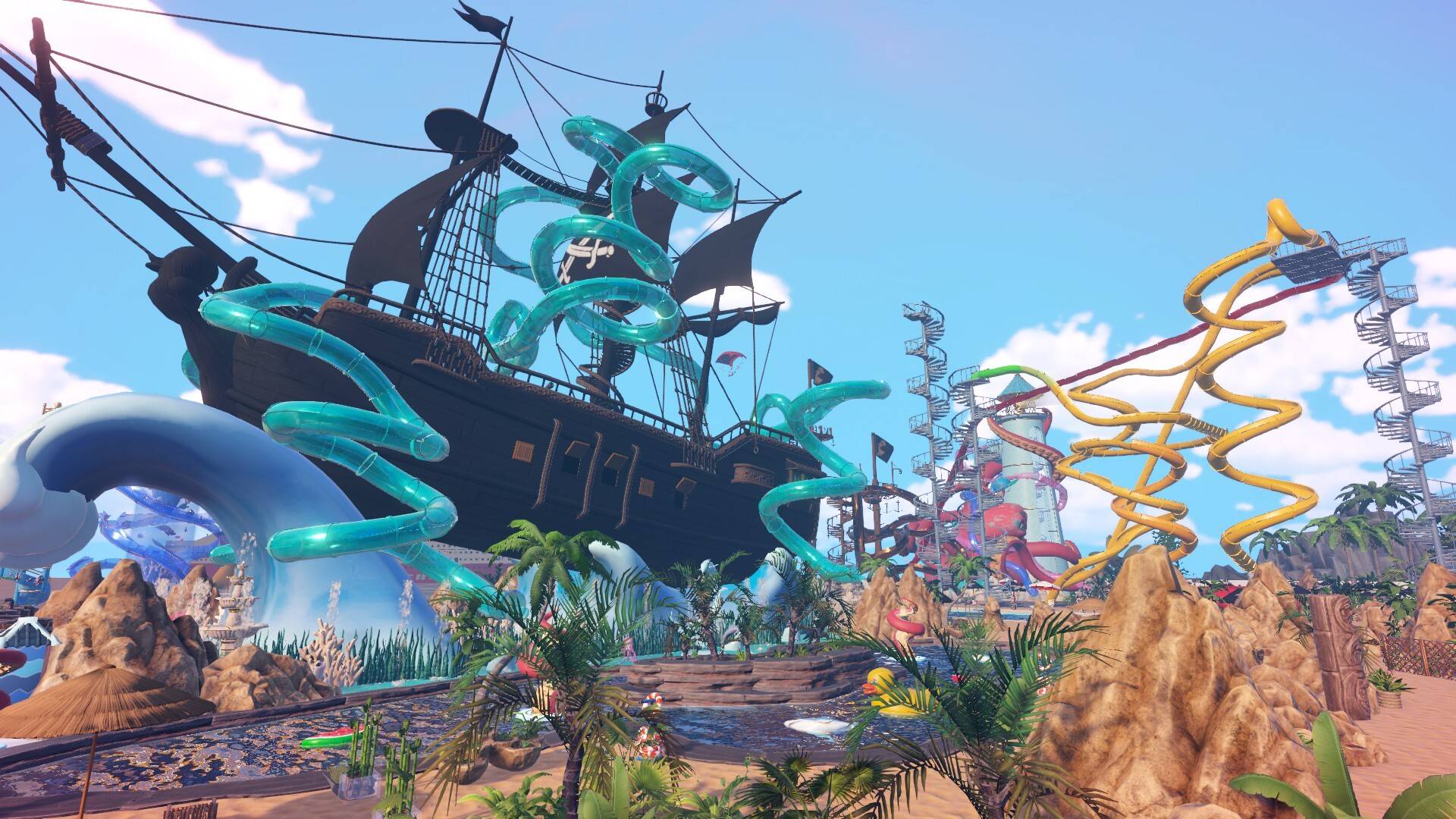 Bunter Wasserpark in Waterpark Simulator mit riesigem Piratenschiff, zahlreichen Röhrenrutschen und tropischer Landschaft.