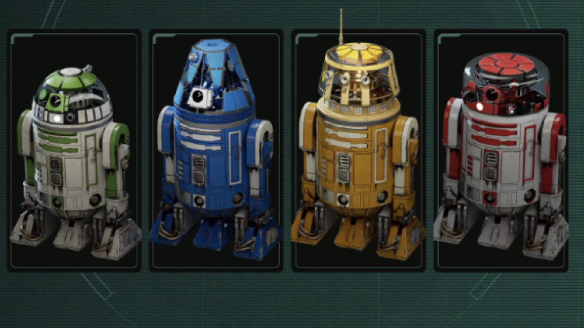 Star Wars Zero Company vier Astromech Droiden in Grün, Blau, Gelb und Rot