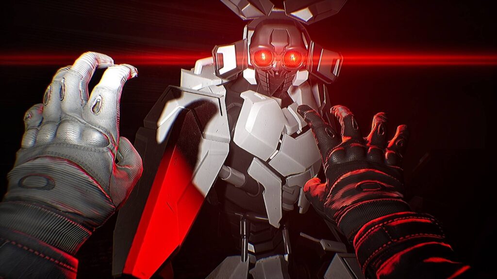 CODE EXIT humanoider Roboter mit rot leuchtenden Augen steht direkt vor dem Spieler