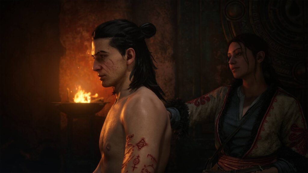 The Blood of Dawnwalker Coen bei einem magischen Ritual mit Runen auf der Haut