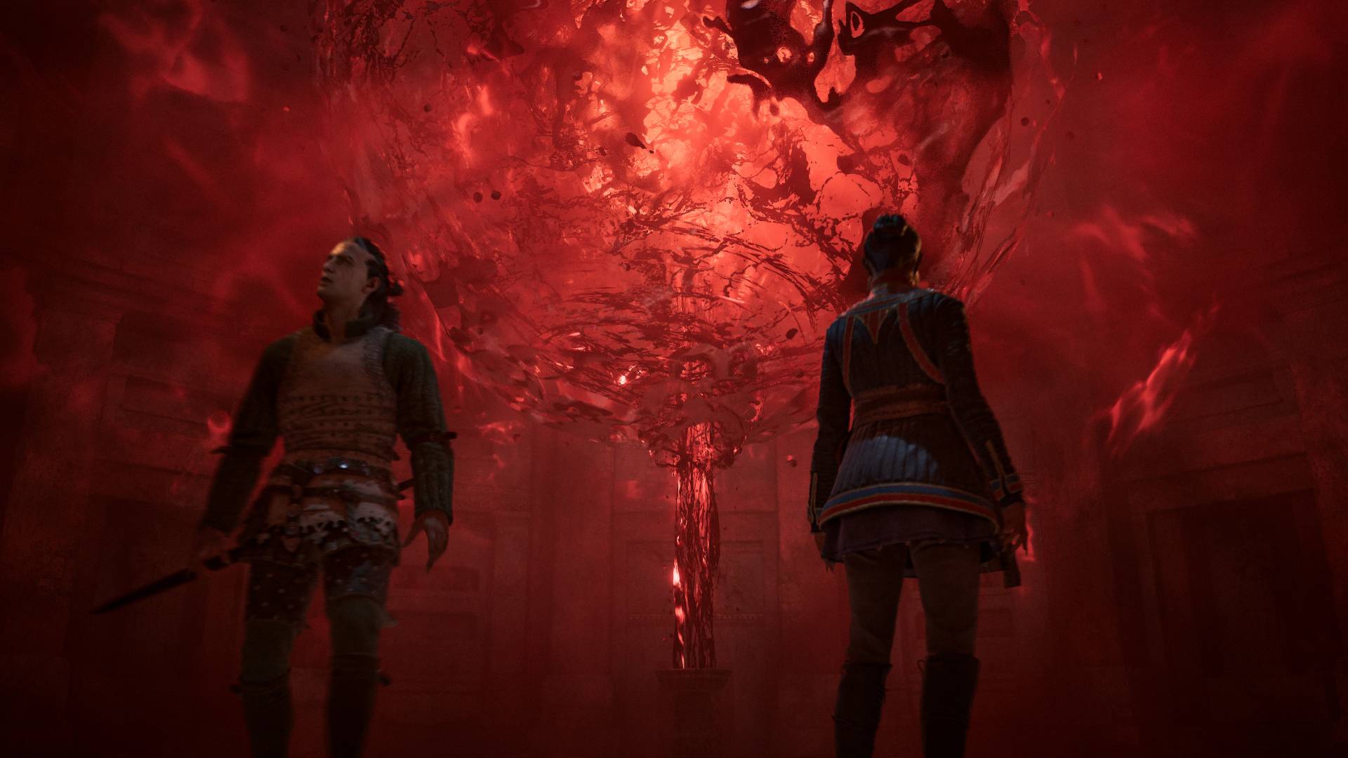 The Blood of Dawnwalker zwei Figuren stehen unter einer bedrohlichen roten Aura