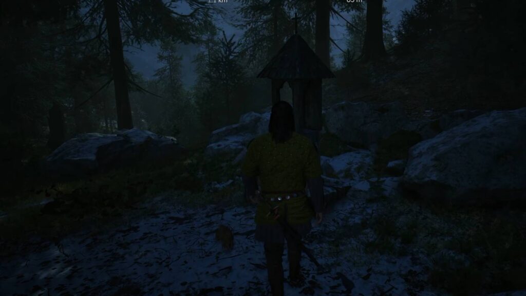 The Blood of Dawnwalker Coen steht nachts vor einem Bildstock im Wald