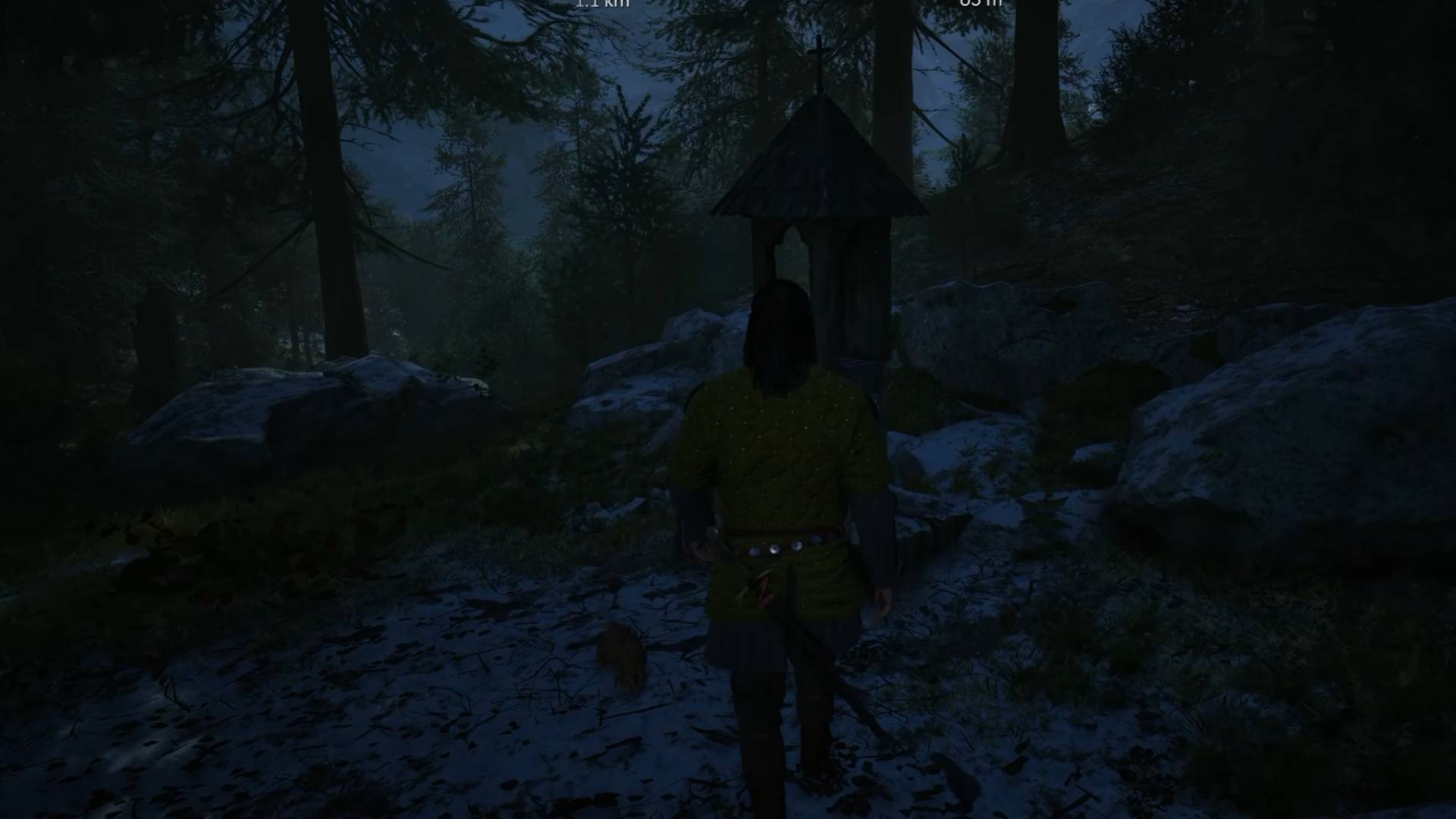 The Blood of Dawnwalker Coen steht nachts vor einem Bildstock im Wald
