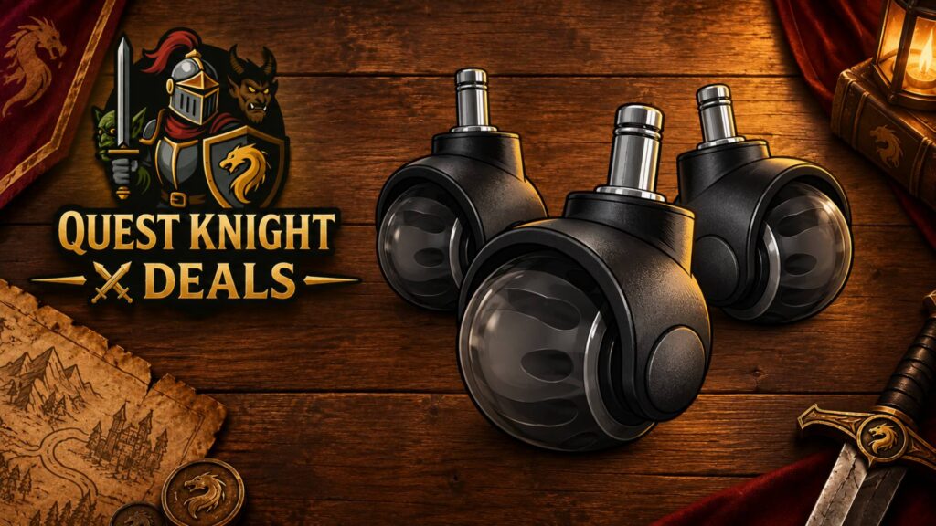 Quest-Knight Deals mit stilisierten Bürostuhlrollen auf Holztisch