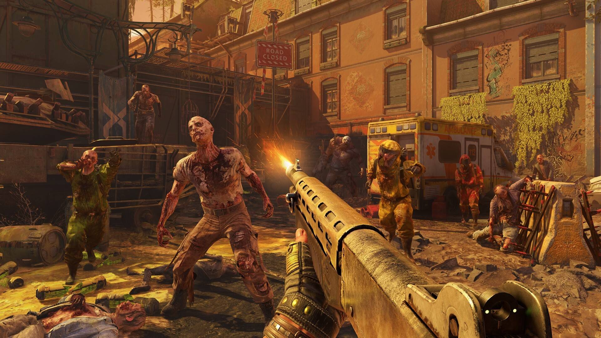 Dying Light 2 Spieler schießt mit einer Schrotflinte auf mehrere Infizierte in einer zerstörten Straße