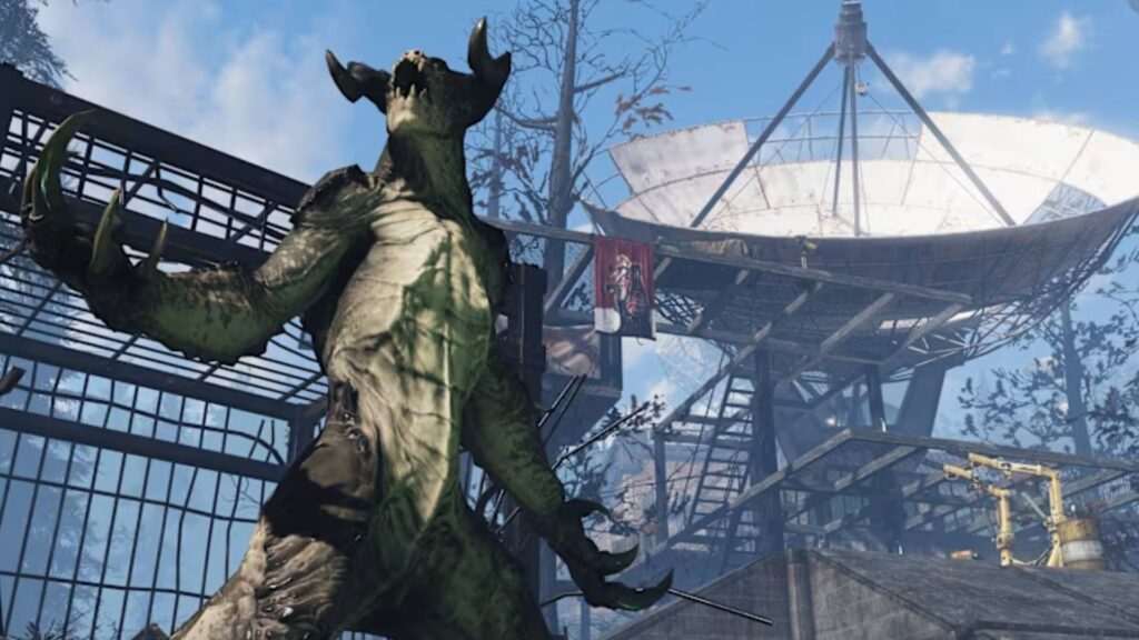 Fallout 76 Todeskralle steht vor einer großen Satellitenschüssel