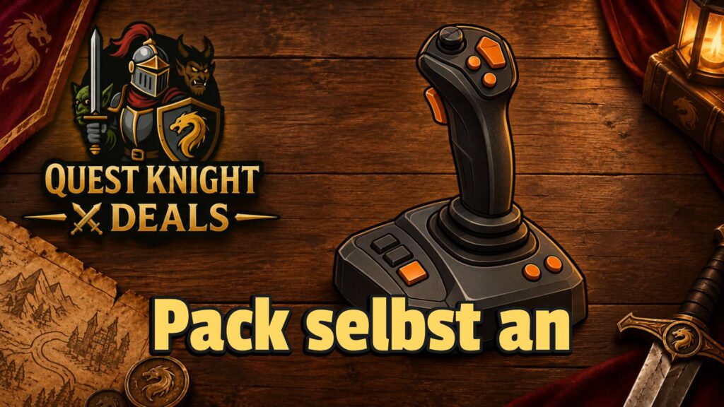 Quest Knight Deals Joystick im Comic-Look mit Schriftzug Pack selbst an