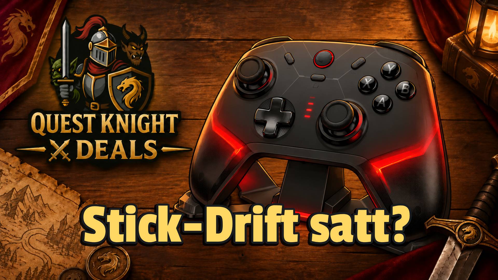 Quest-Knight-Deals Banner mit TMR-Controller und Ladestation