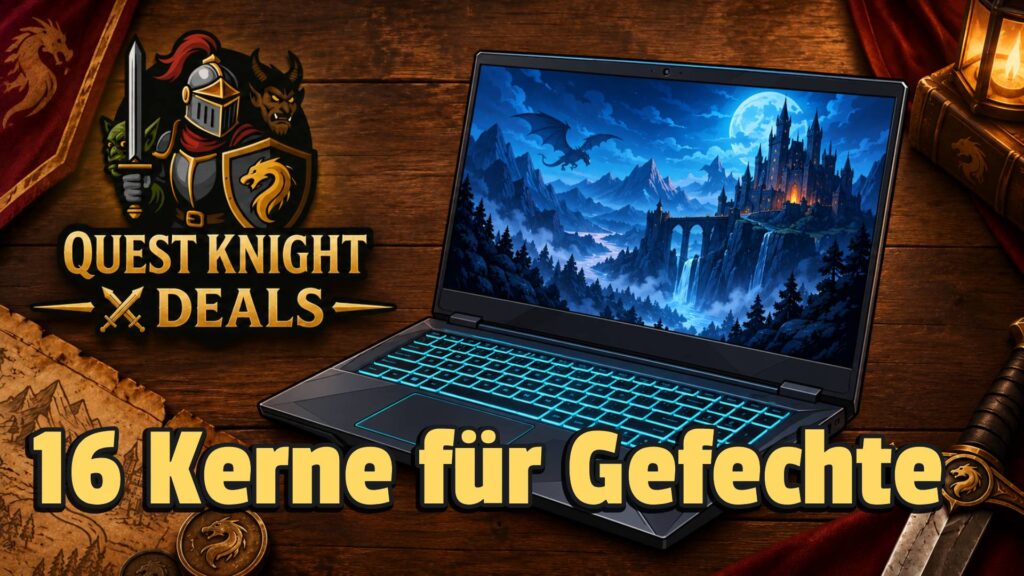 Gaming-Laptop mit beleuchteter Tastatur auf Quest-Knight-Deals-Hintergrund