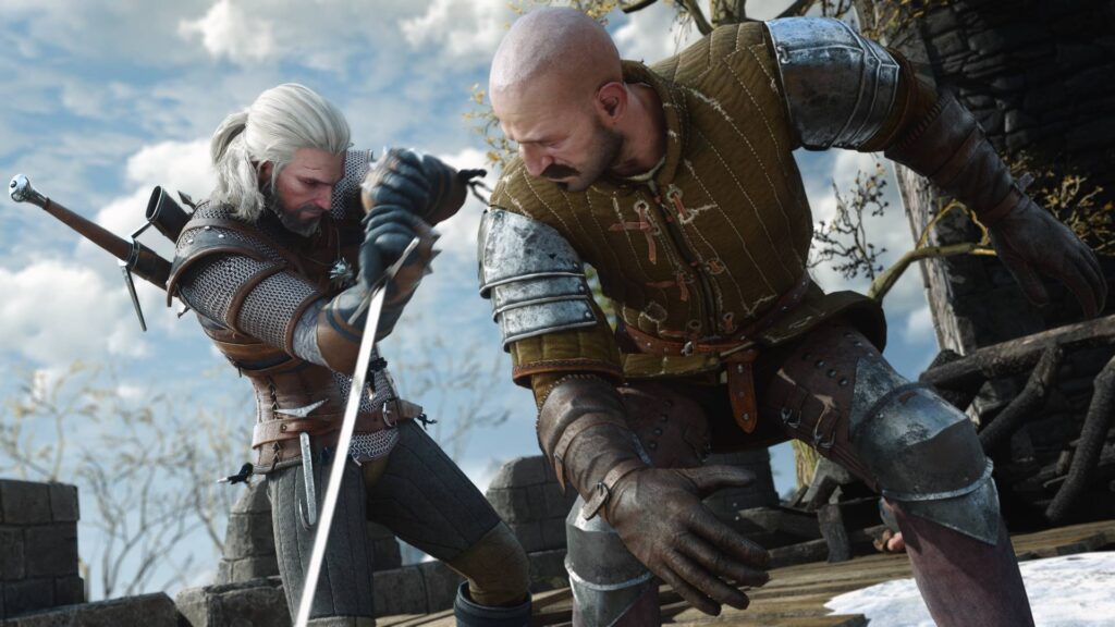 The Witcher 3 Remastered Geralt im Kampf gegen einen Banditen
