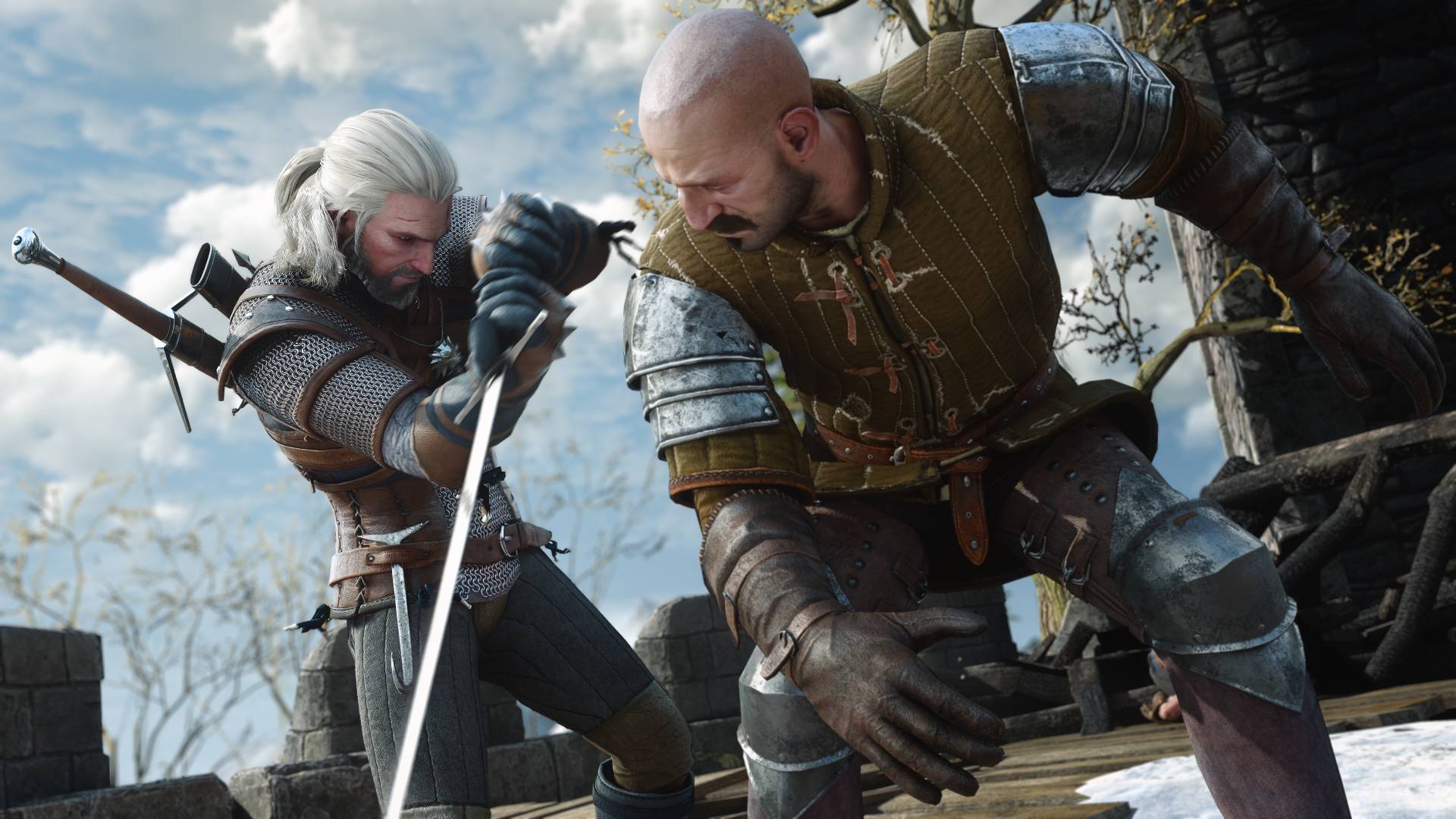 The Witcher 3 Remastered Geralt im Kampf gegen einen Banditen