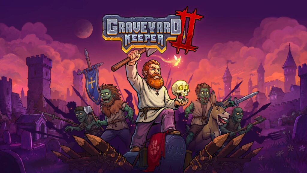 Graveyard Keeper 2 Totengräber mit Axt und Schädel zwischen Zombies auf einem Friedhof