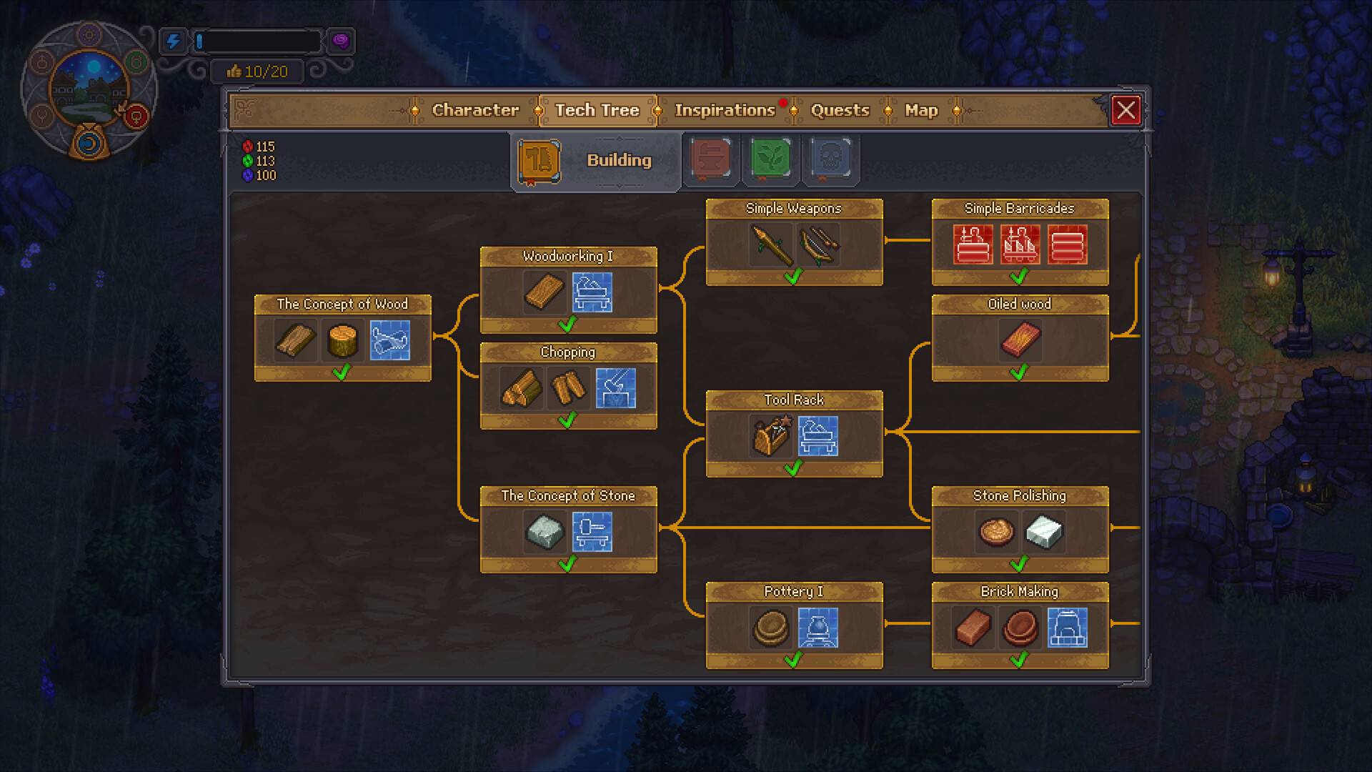 Graveyard Keeper 2 Technologiebaum mit roten grünen und blauen Technologiepunkten