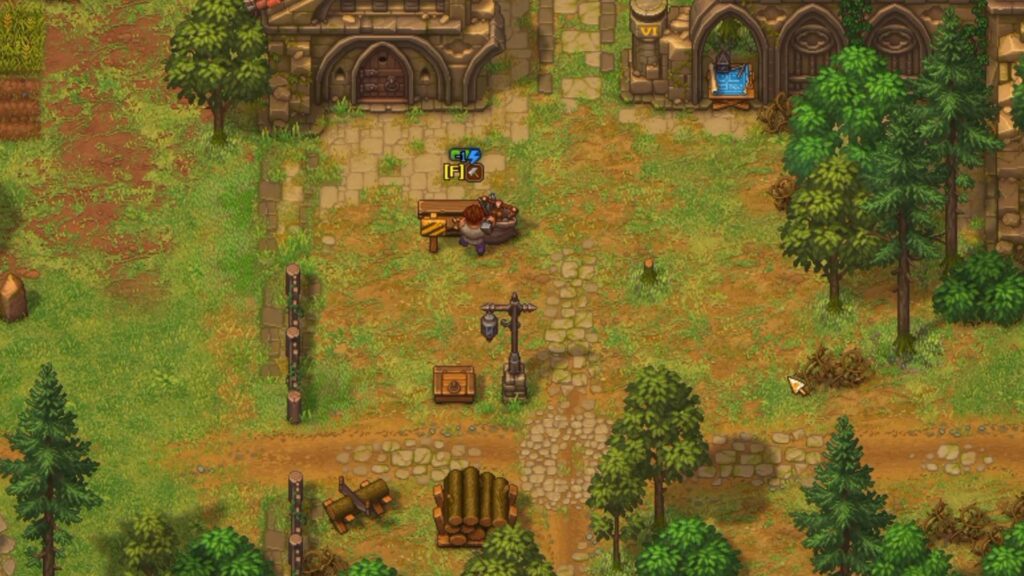 Graveyard Keeper 2 Charakter arbeitet an einer Werkbank vor einer alten Steinkirche
