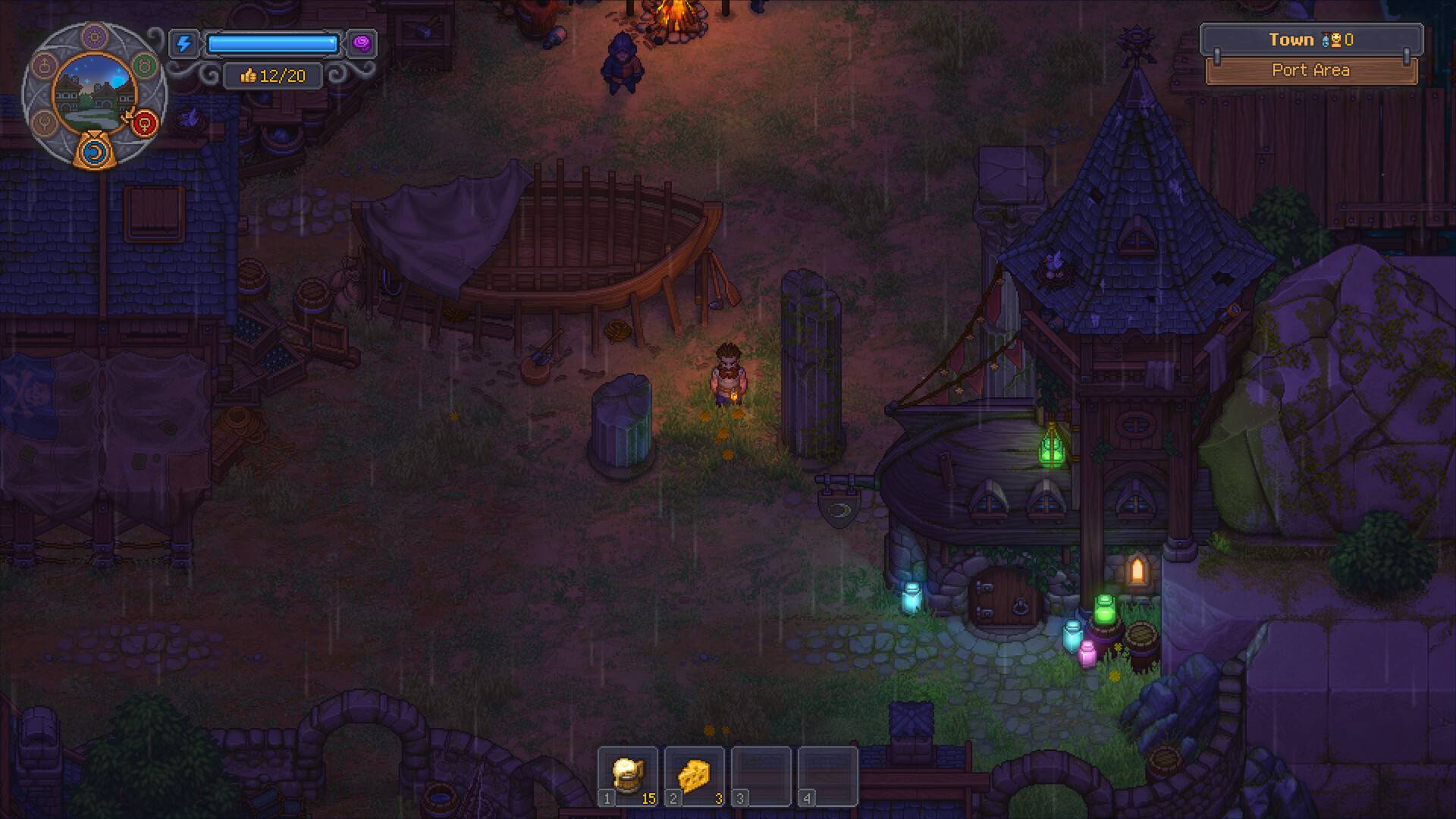 Graveyard Keeper 2 nächtlicher Hafenbereich mit Spielfigur zwischen Gebäuden und Baustelle