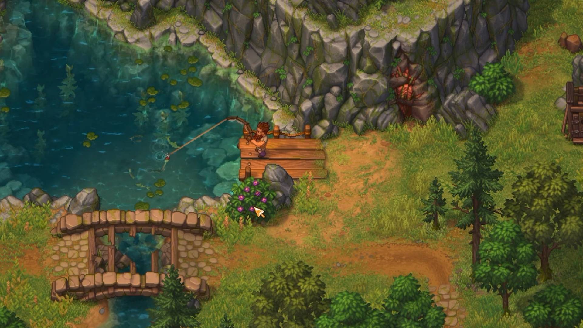 Graveyard Keeper 2 Charakter angelt von einem Holzsteg an einem kleinen See