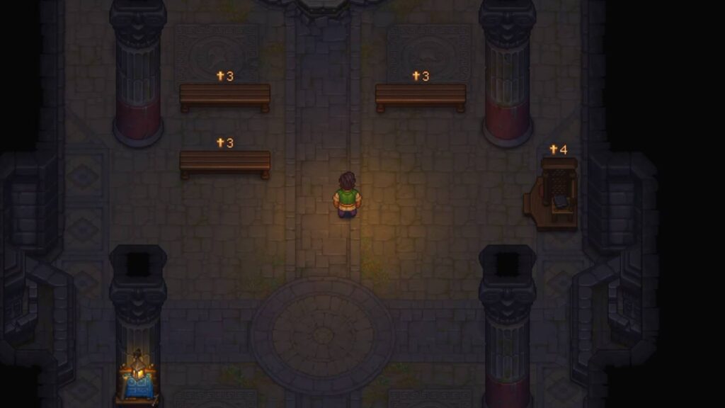 Graveyard Keeper 2 Charakter steht in einer Kirche zwischen Bänken und Kanzel