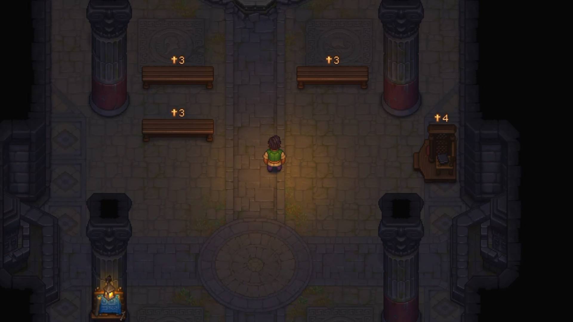 Graveyard Keeper 2 Charakter steht in einer Kirche zwischen Bänken und Kanzel