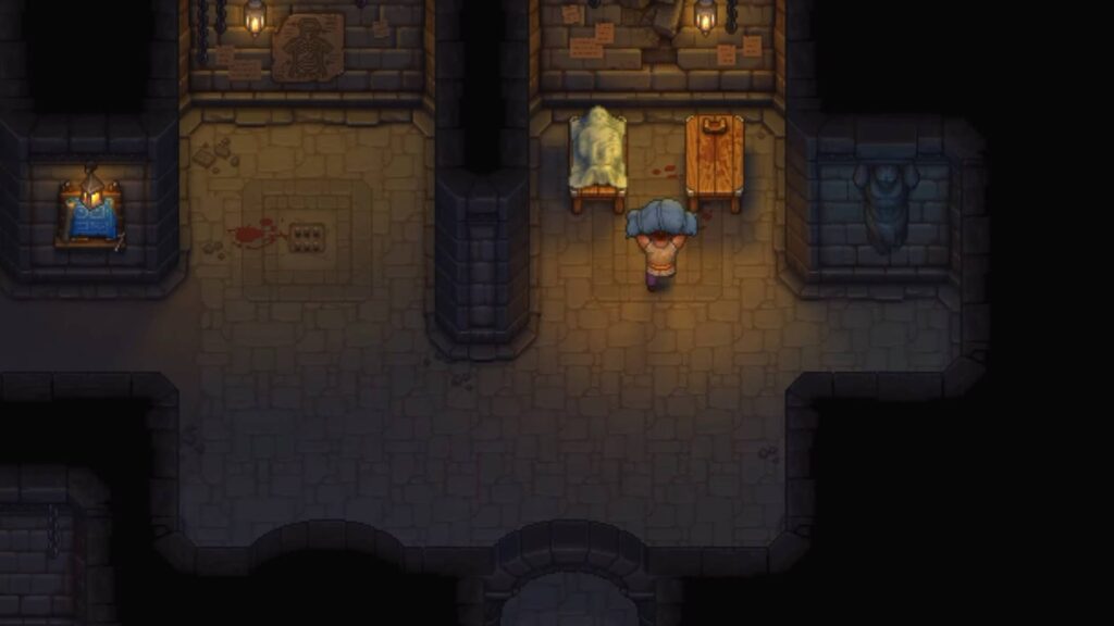 Graveyard Keeper 2 Charakter trägt eine Leiche durch die dunkle Leichenhalle