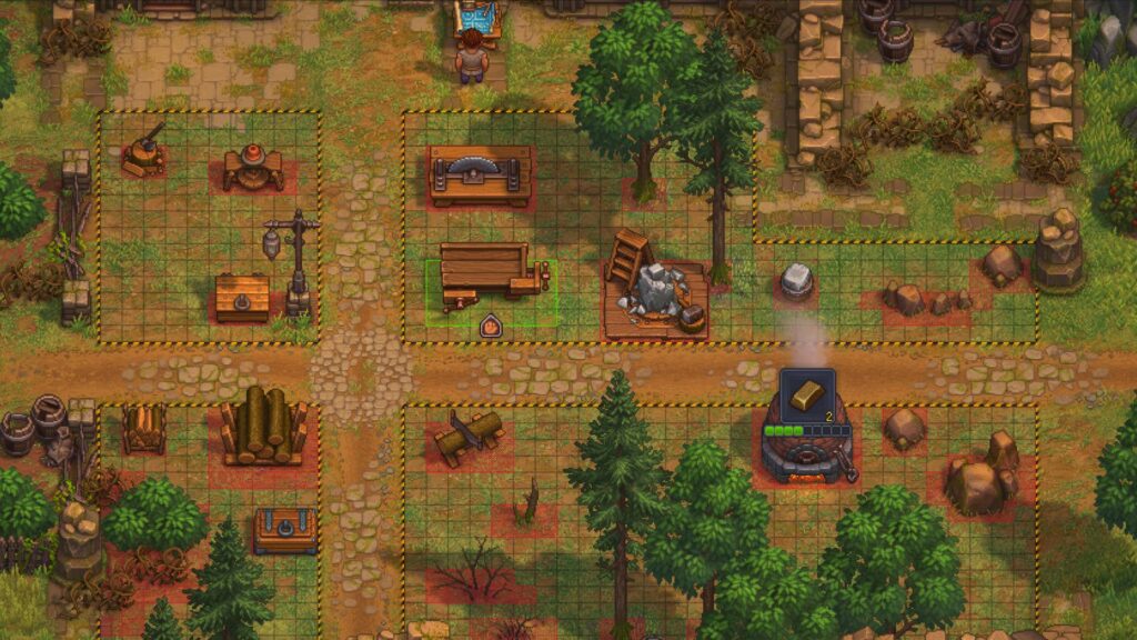 Graveyard Keeper 2 mehrere Werkbänke und Bauflächen im Baumodus