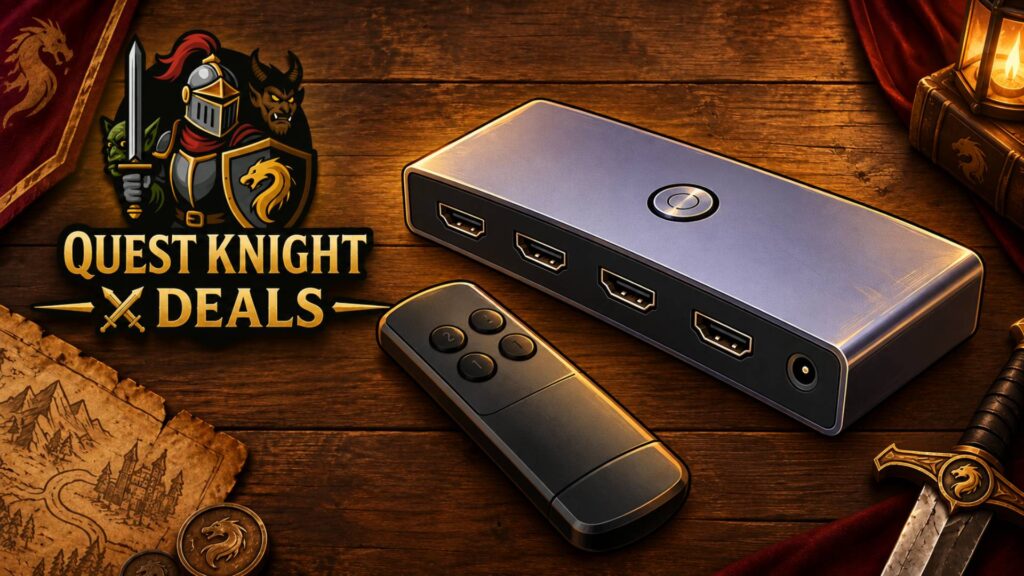 Quest-Knight Deals mit stilisiertem HDMI-Switch und Fernbedienung