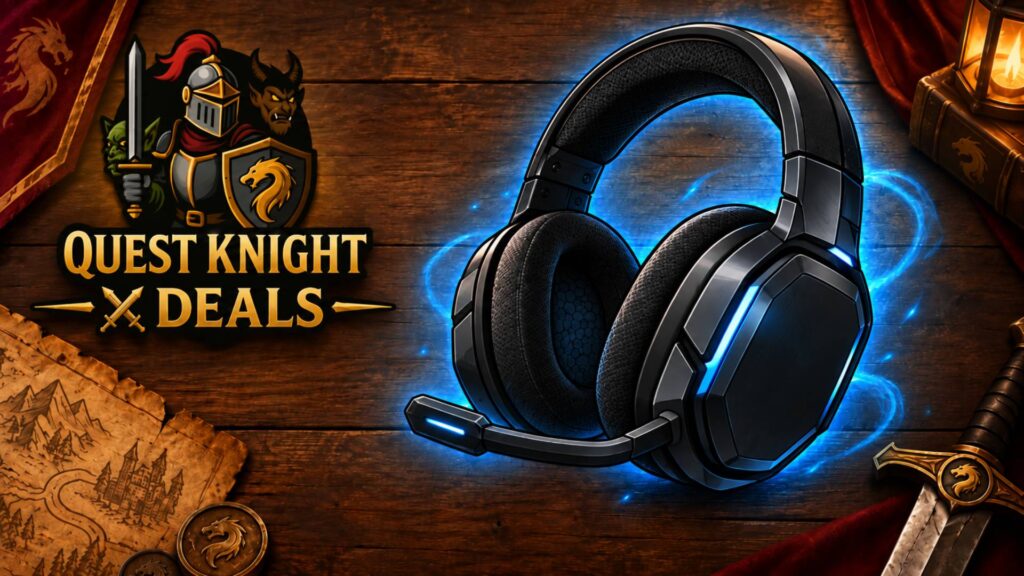 Quest Knight Deals Gaming-Headset mit blauer Aura auf Holztisch