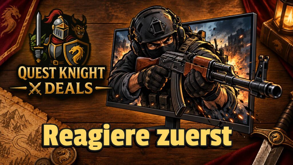 Quest Knight Deals Gaming-Monitor mit Soldat und Schriftzug Reagiere zuerst