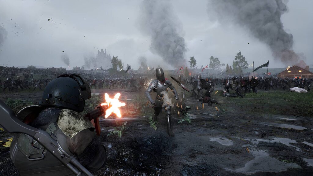 Kingmakers Ritter mit Sturmgewehr im Kampf gegen eine mittelalterliche Armee