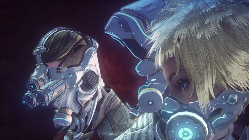 LET IT DIE zwei Figuren mit futuristischen Atemmasken stehen sich gegenüber