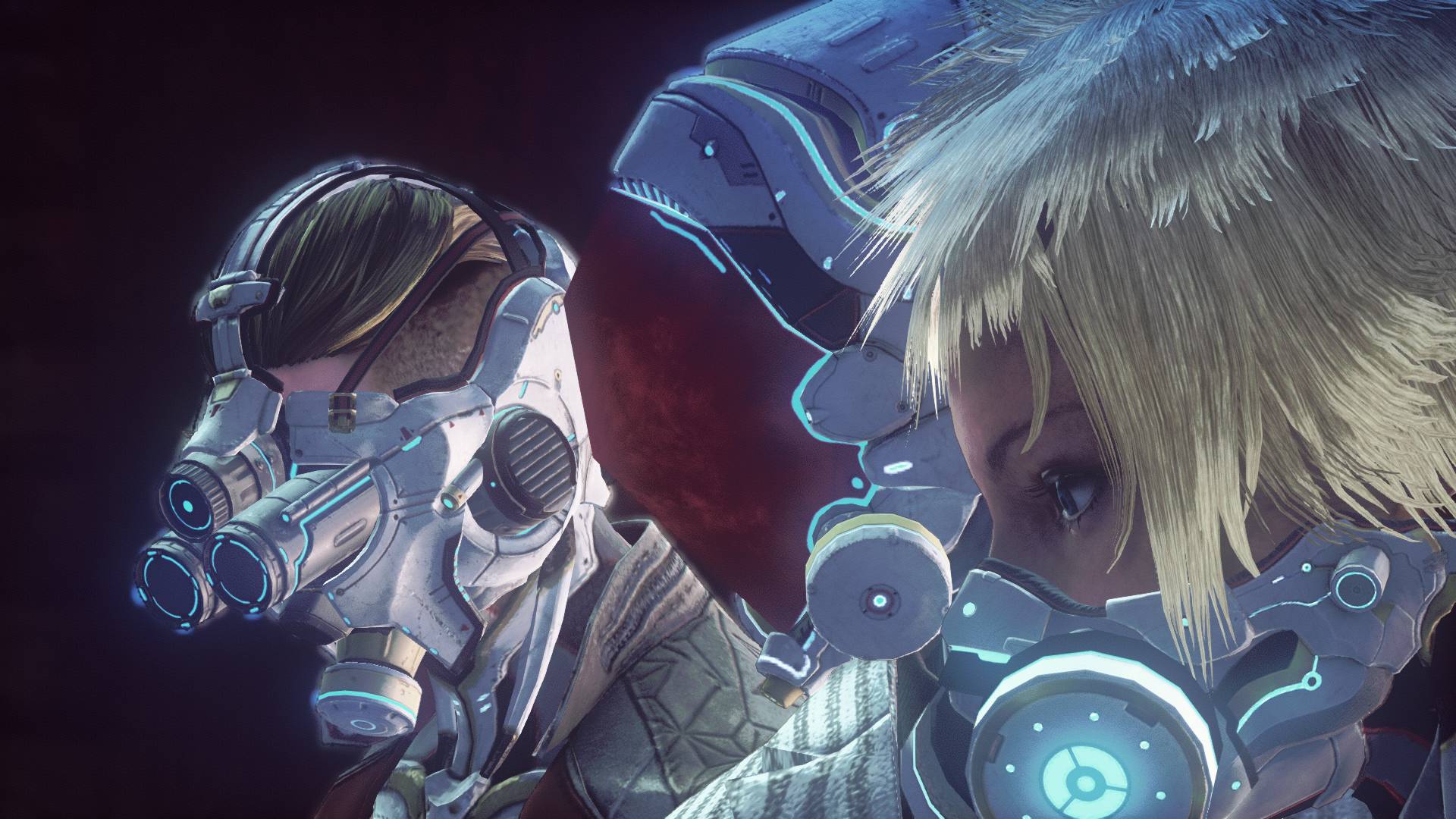 LET IT DIE zwei Figuren mit futuristischen Atemmasken stehen sich gegenüber