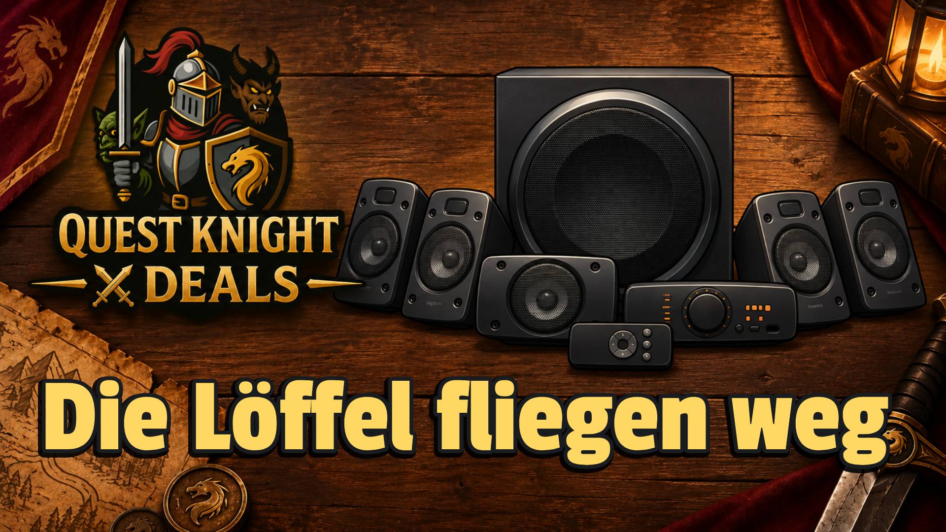 Logitech Z906 5.1-Soundsystem auf Quest-Knight-Deals-Hintergrund