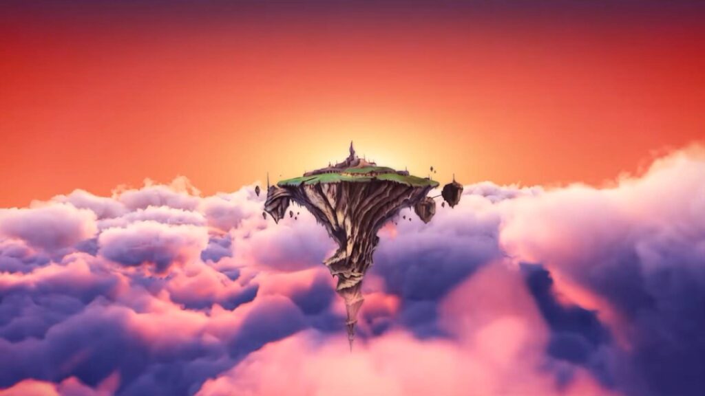 Lufia I & II The Sinistrals Saga schwebende Insel über einem Wolkenmeer bei Sonnenuntergang