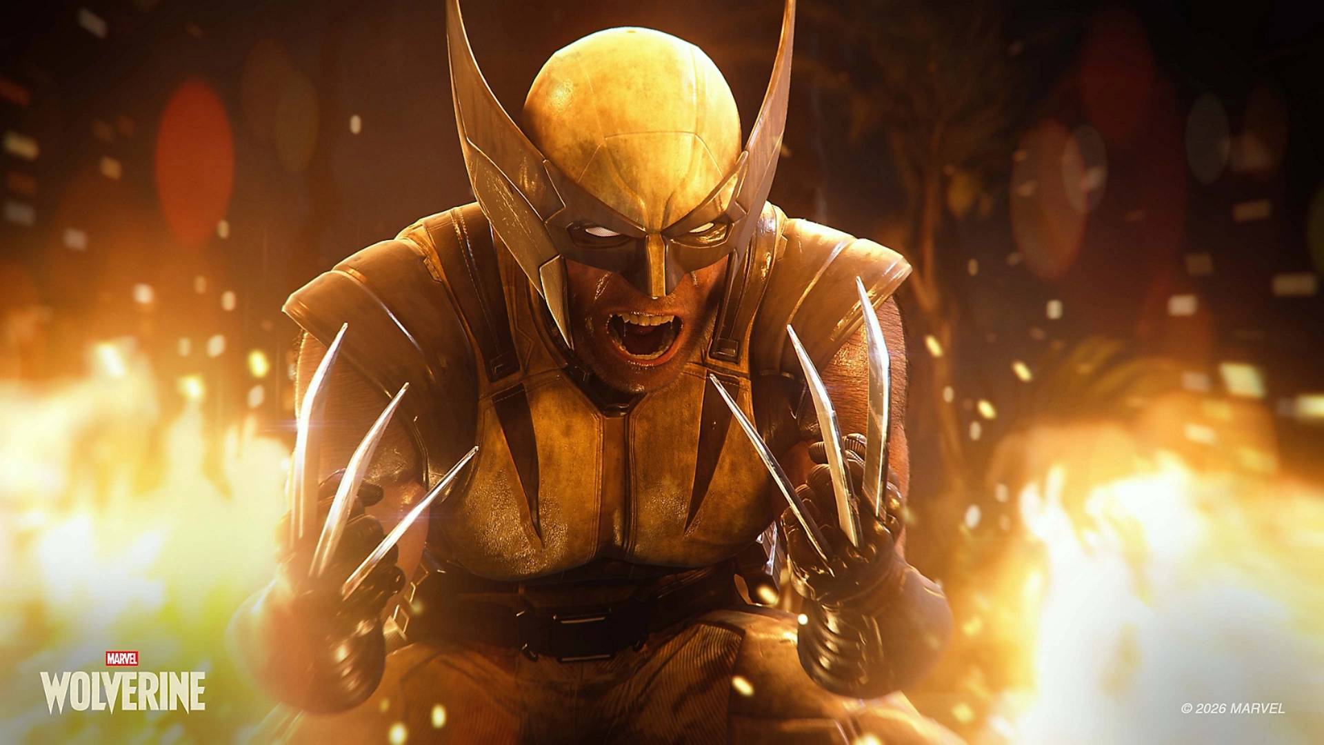Marvel’s Wolverine Wolverine brüllt mit ausgefahrenen Adamantiumklauen zwischen Flammen